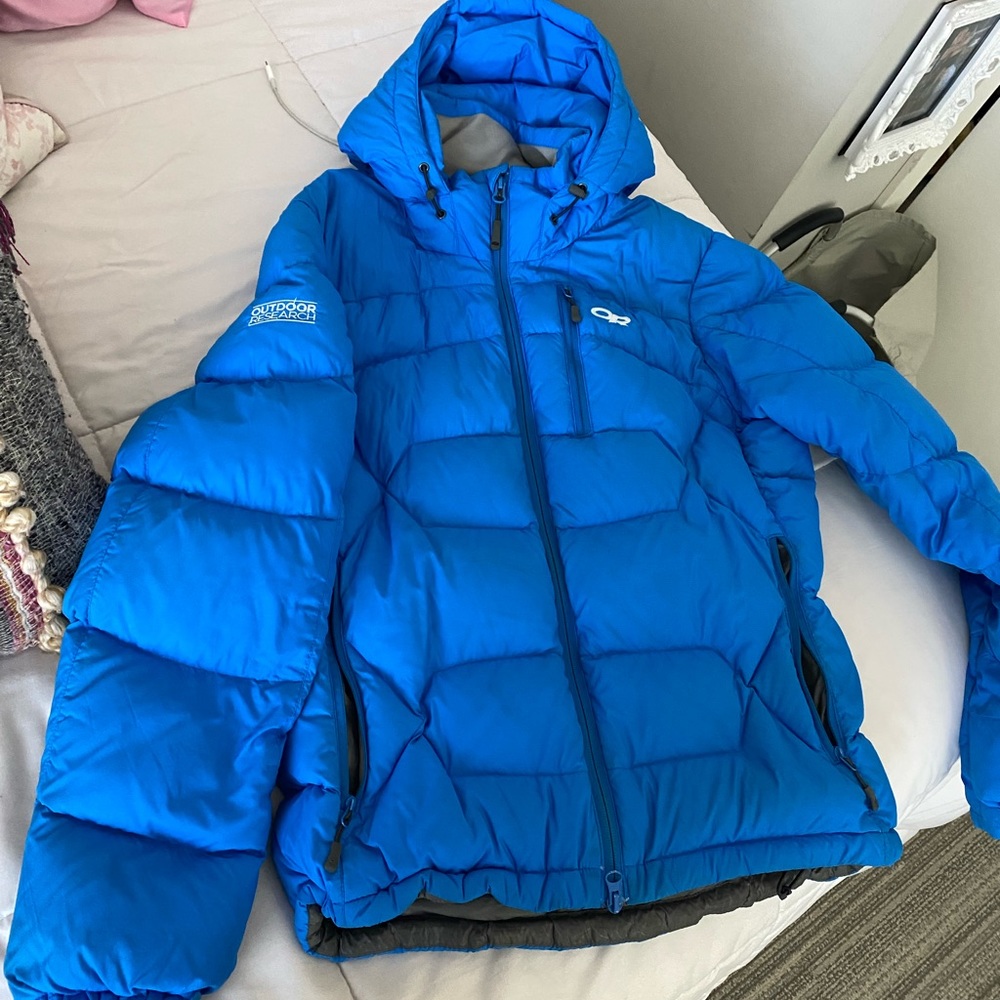 blue Outdoor Research puffer jacket